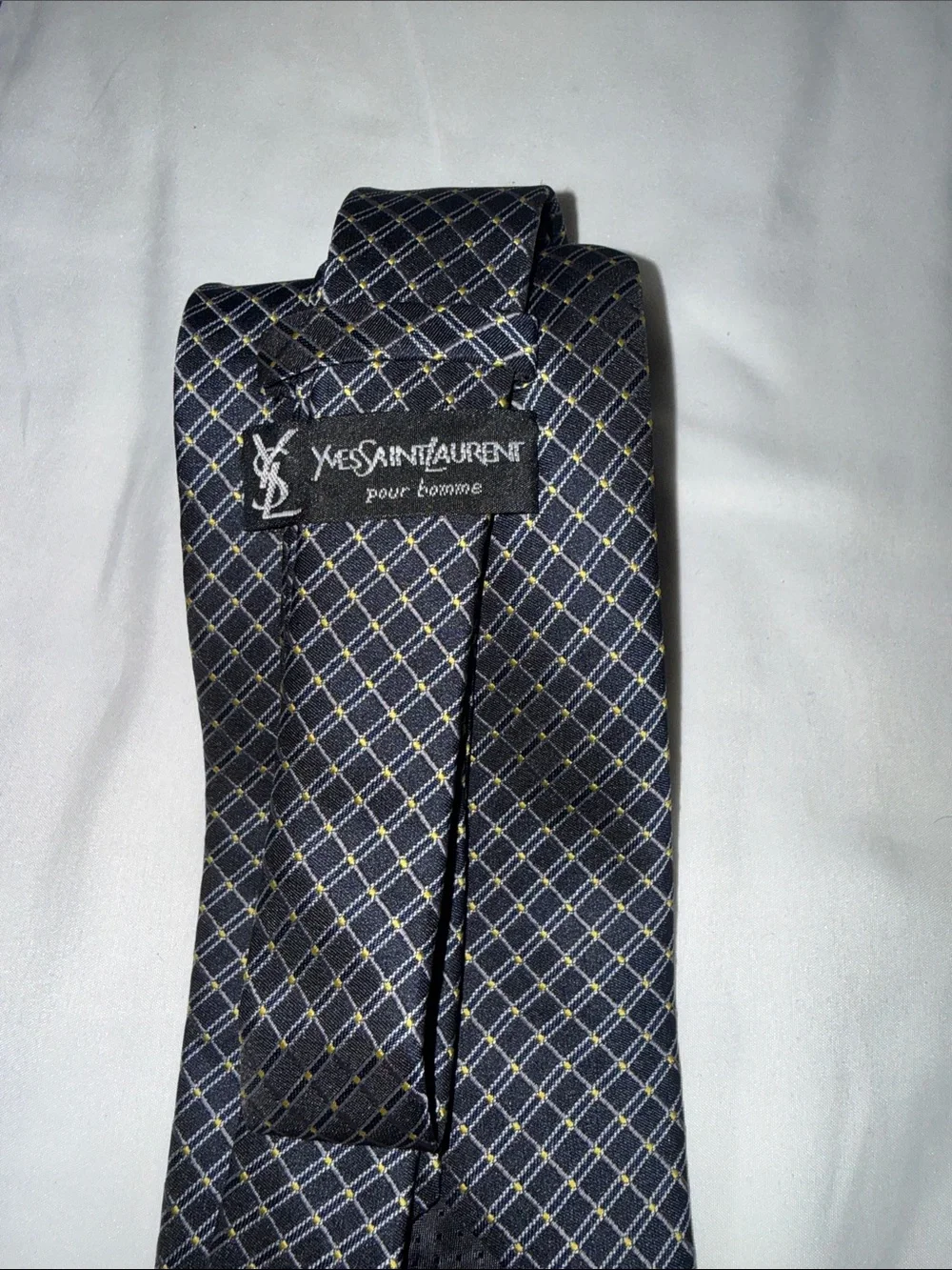 Yves Saint Laurent Navy and Gold Windowpane Silk Tie
